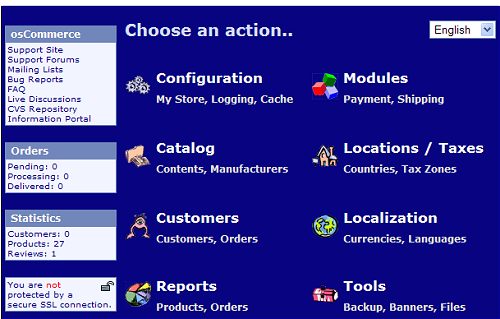osCommerce engine - shopkeeper's administration screen