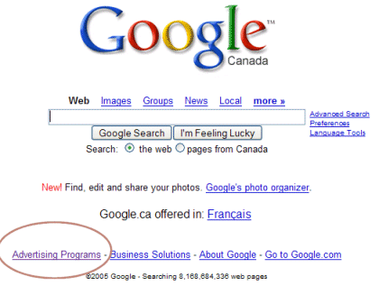 Google home page showing Adwords and AdSense
